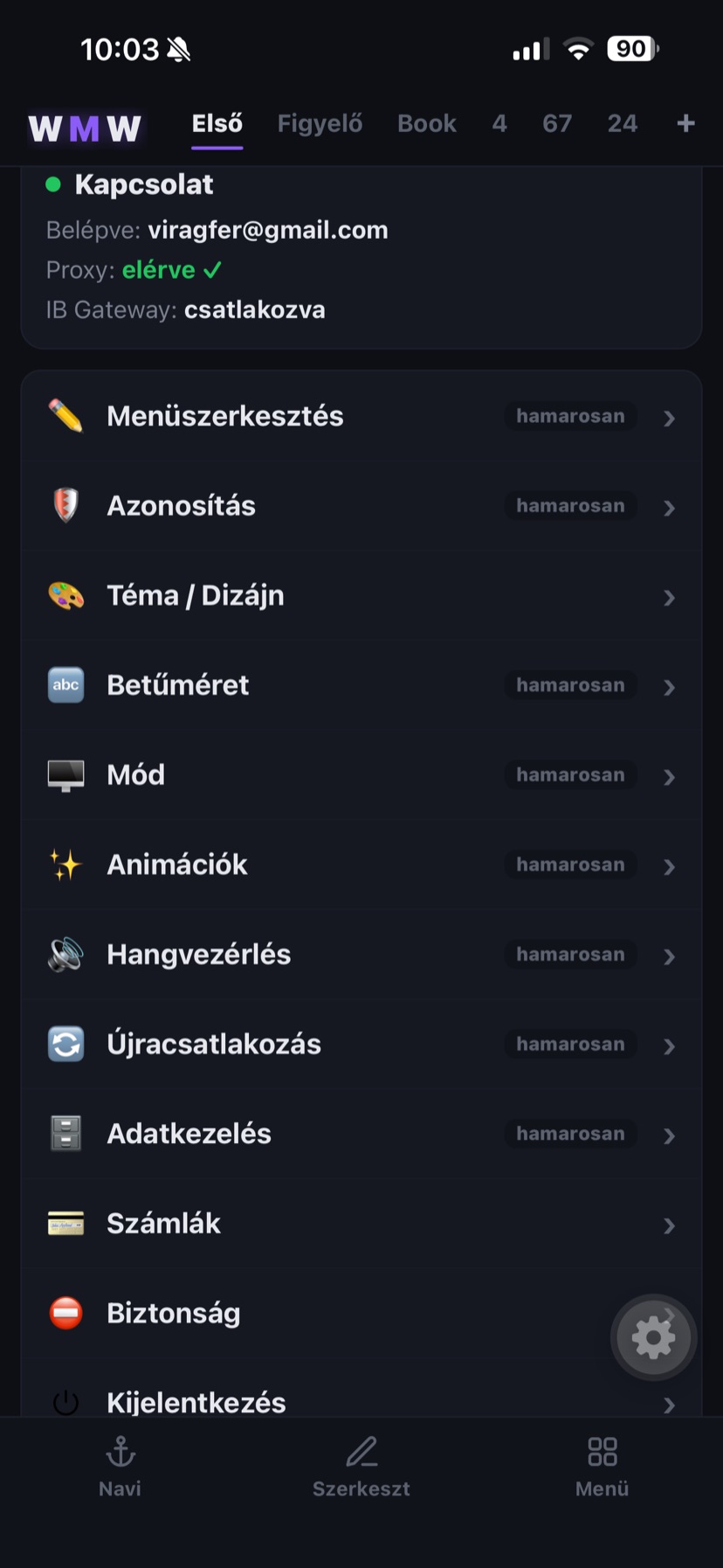 Menü beállítás-lista